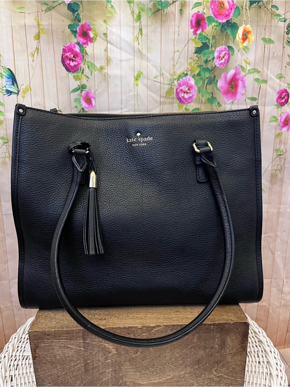 kate spade Black Pebbled Leather Tote with Tassel Accent